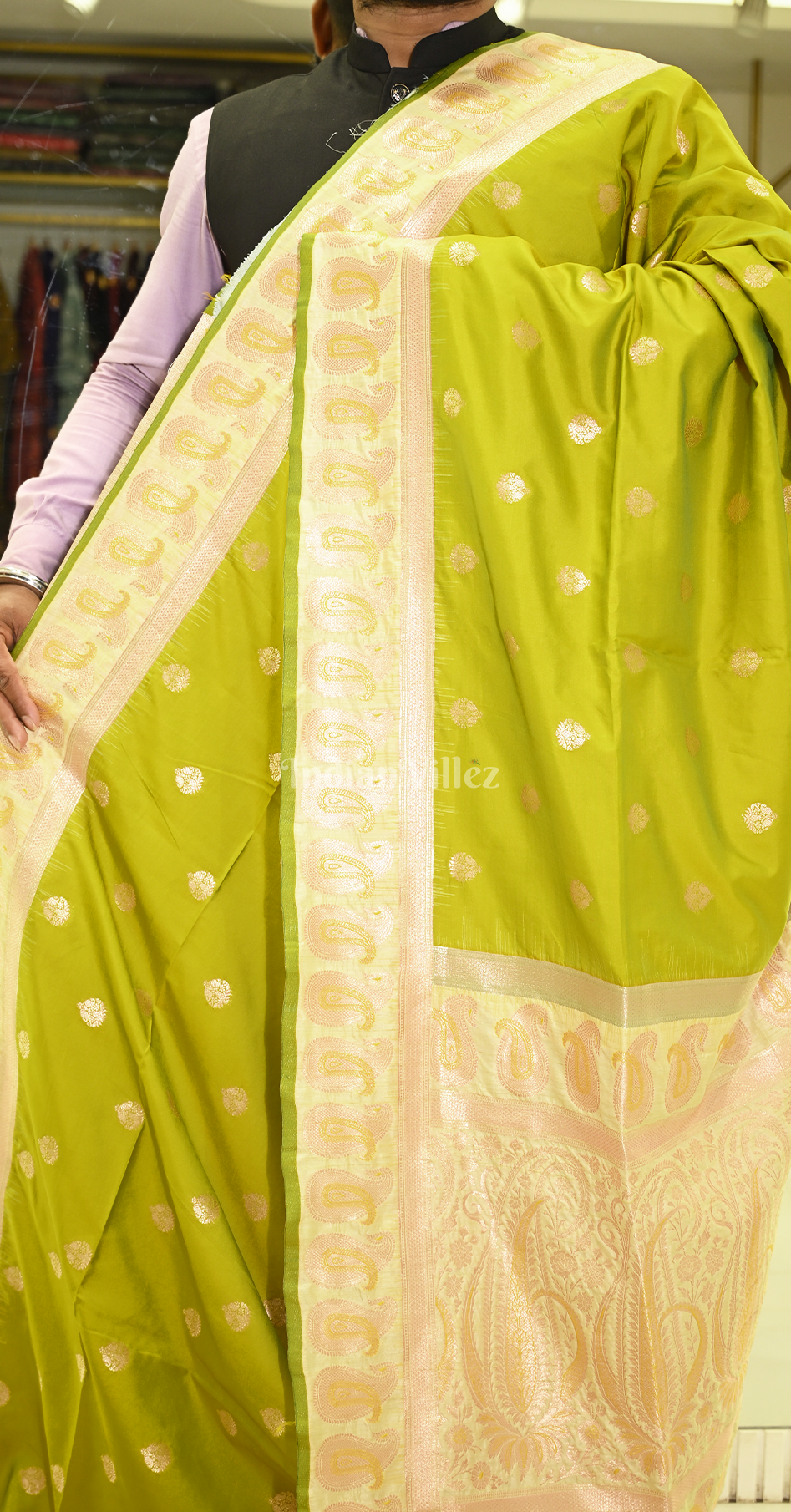 Olive Green Booti Motif Designer Pure Satin Banarasi Silk Saree