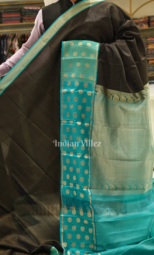 Black Aqua Blue Brocade Pure Kanjivaram Silk Saree with Polaka Border