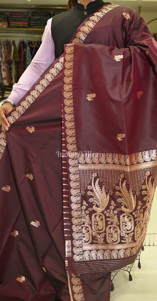 Coffee Golden Peacock Design Pure Mashru Satin Silk Banarasi Saree