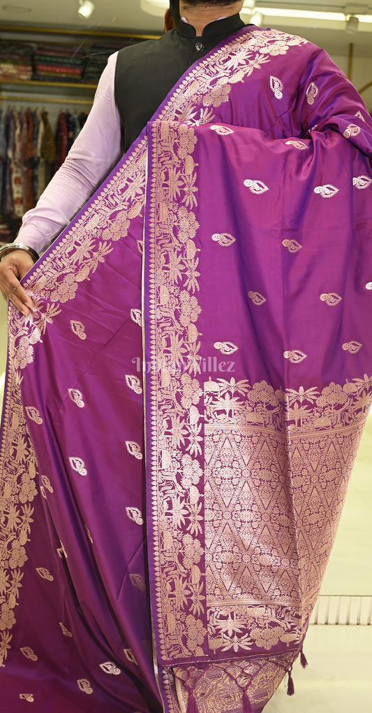 Purple Peacock Design Pure Mashru Satin Silk Banarasi Saree