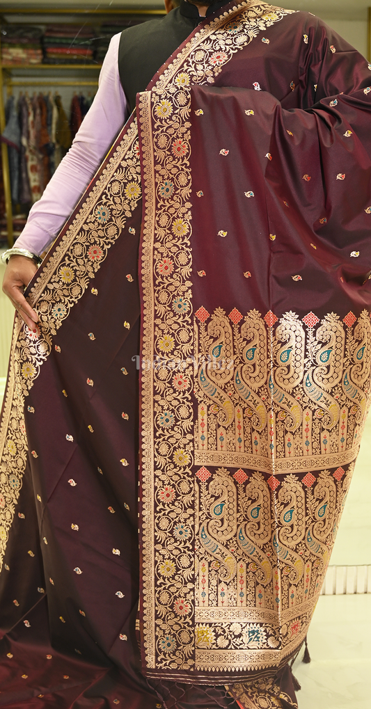 Maroon Buti Motif Pure Mashru Satin Silk Banarasi Saree