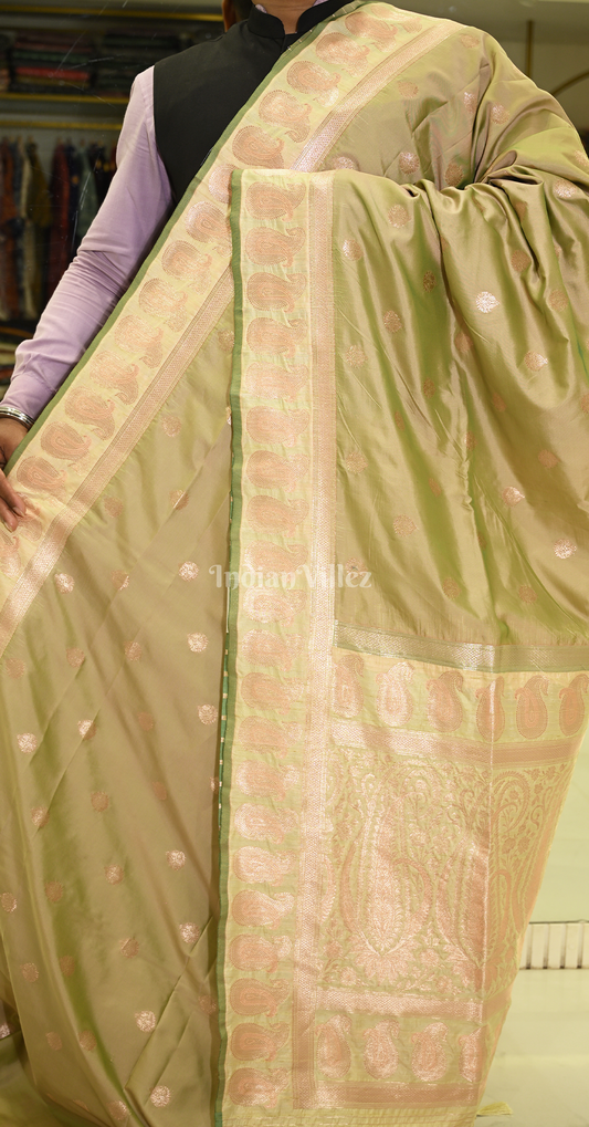Light Green Booti Motif Designer Pure Mashru Satin Silk Banarasi Saree