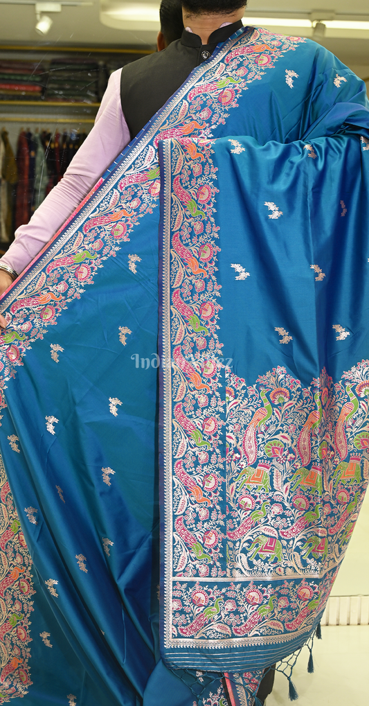 Sky Blue Peacock Design Mashru Satin Silk Banarasi Saree