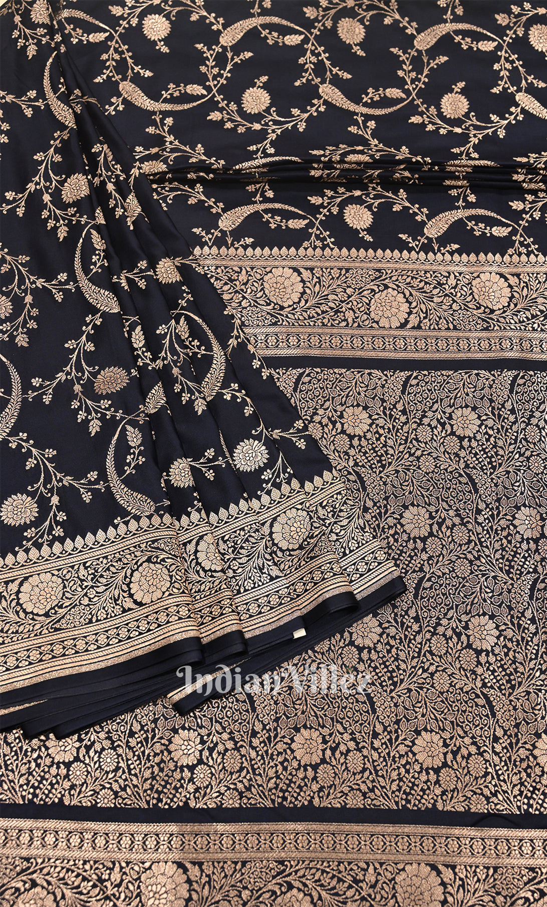 Navy Blue Pure Mashru Satin Silk Banarasi Saree with Jaal PatternPattern