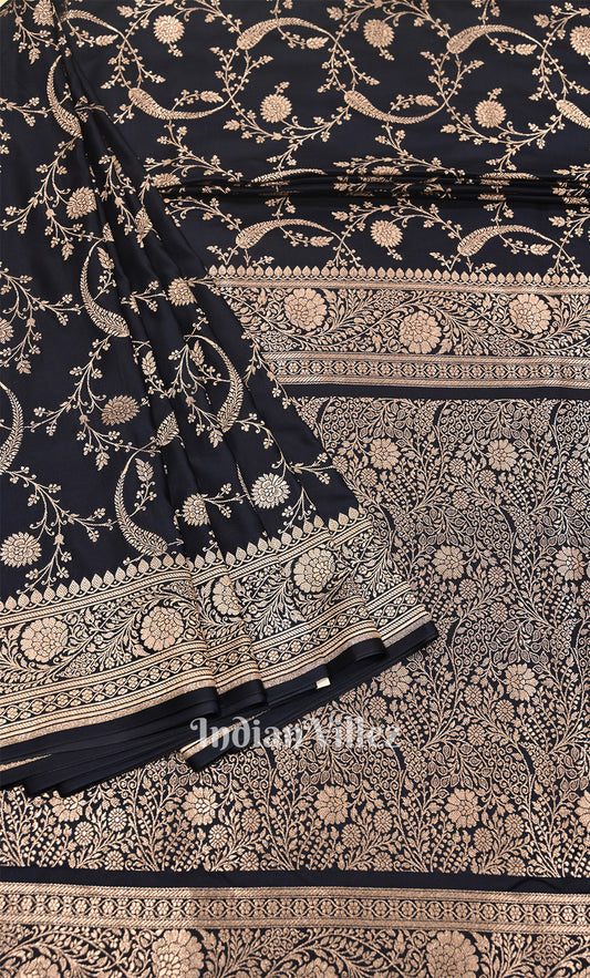 Navy Blue Pure Mashru Satin Silk Banarasi Saree with Jaal PatternPattern
