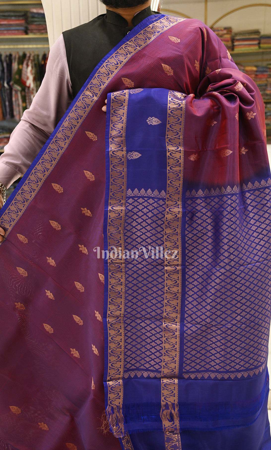Purple Wine Blue Zari woven Pure Kanjivaram Silk Saree 