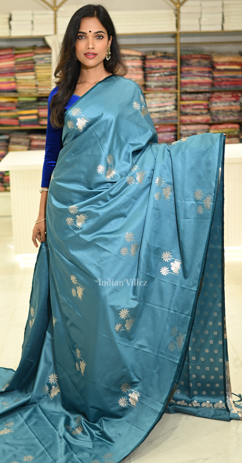 Teal Blue Mashru Satin Banarasi Silk Saree with Pichwai Motif