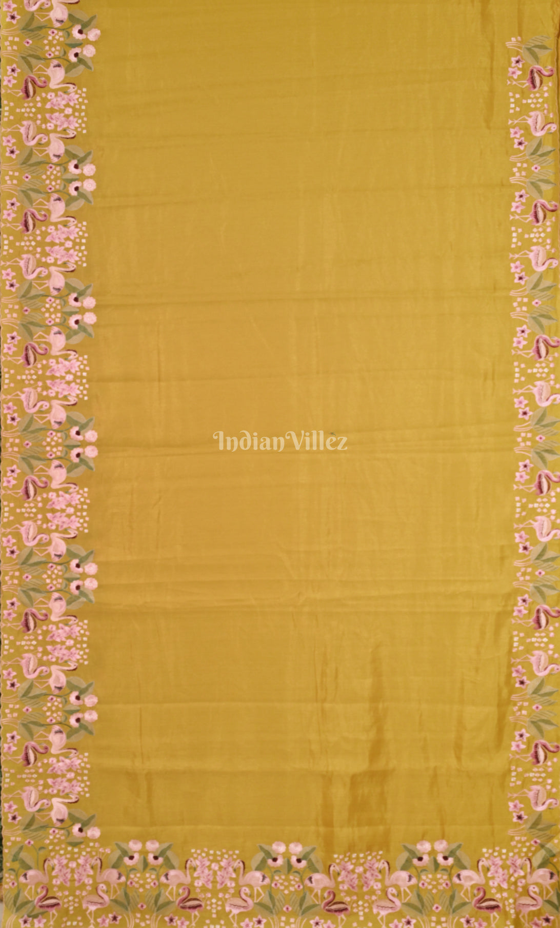 Mustard Yellow Tussar Silk Saree with Floral Hand Embroidery Border