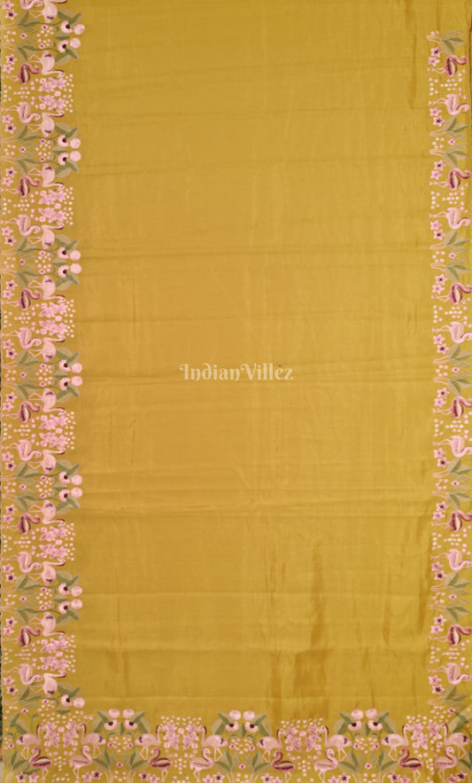 Mustard Yellow Tussar Silk Saree with Floral Hand Embroidery Border