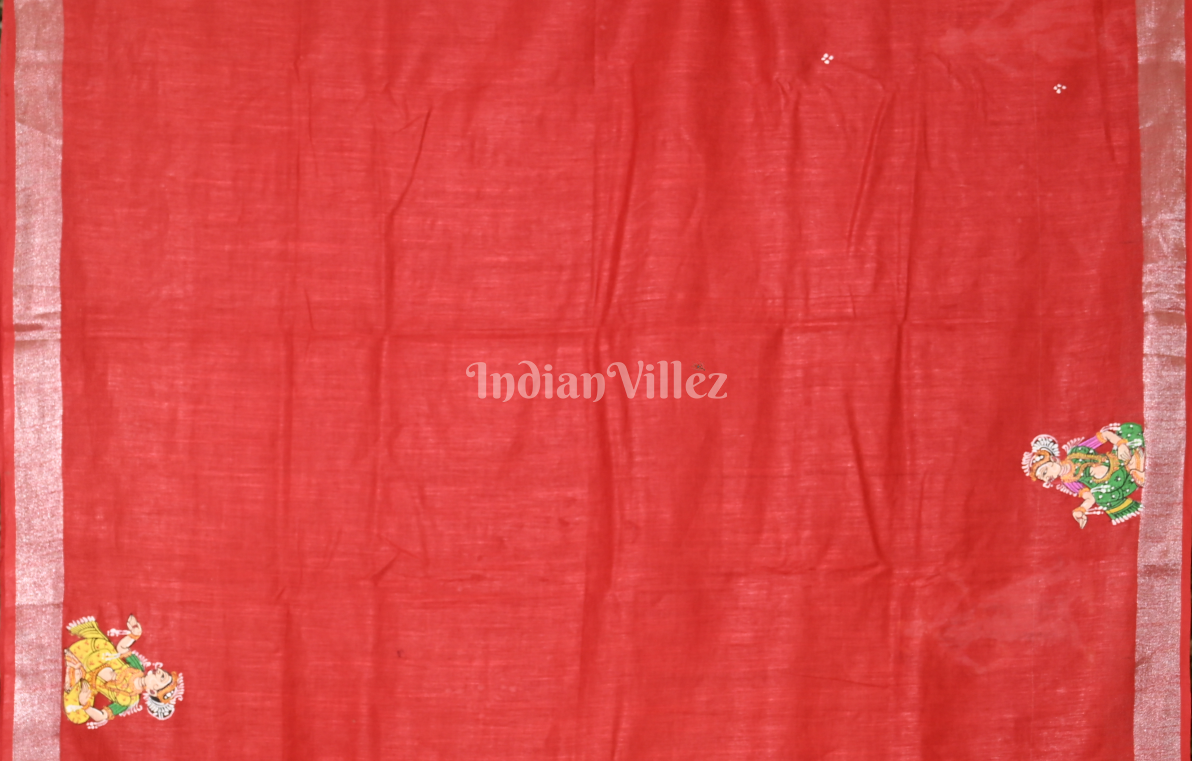 Red Raja Doli Theme Hand-Painted Pattachitra Saree