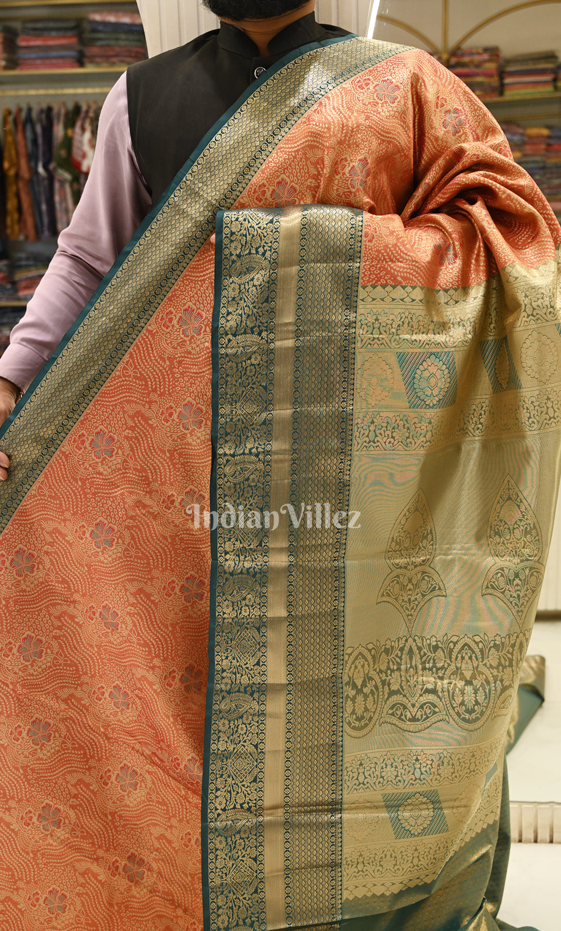 Orange Olive Green Brocade Pure Kanjivaram Silk Saree 