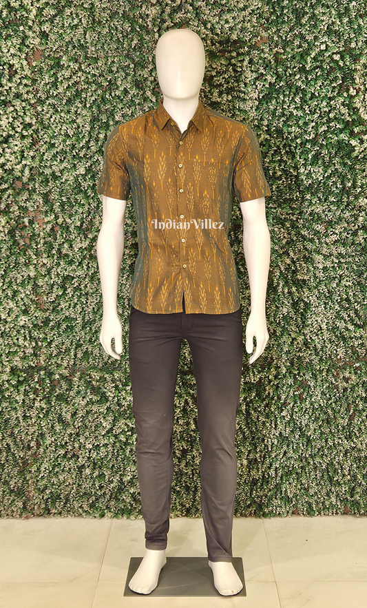 Mehendi  Green Dual Tone Pochampally Ikat Cotton Half Sleeve Shirt for Men