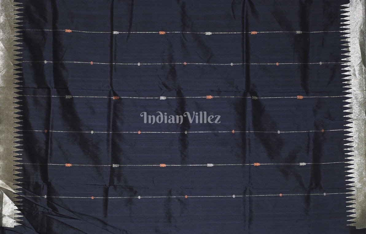 Navy Blue Silver Half Tissue Sambalpuri Silk Saree with Nartaki Anchal