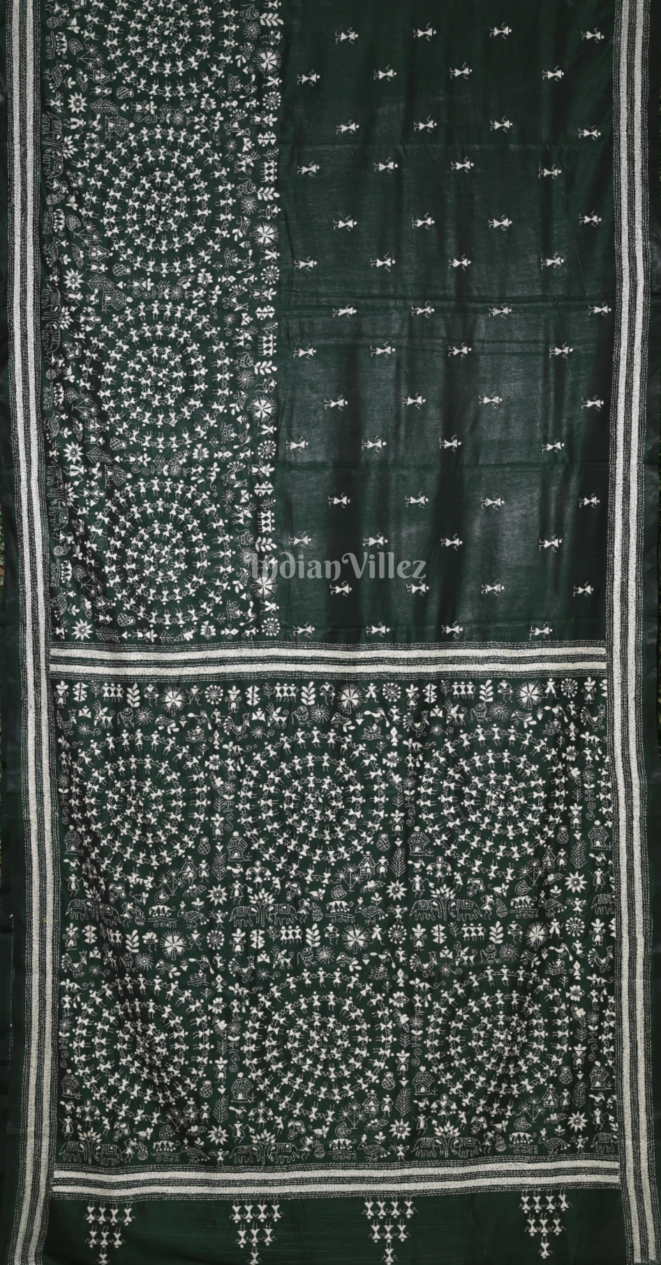 Dark Green Handwoven Kantha Stitch Silk Saree 