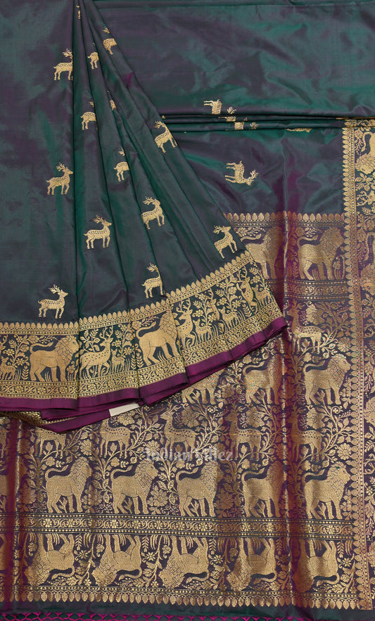Peacock Blue Purple Dual Tone Pure Katan Silk Banarasi Saree