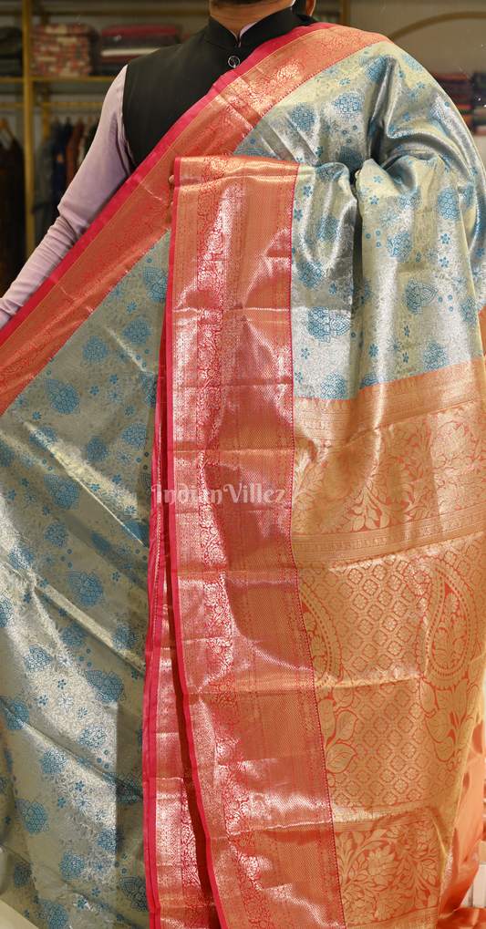Light Blue Red Floral Motif Brocade Pure Kanjivaram Silk Saree