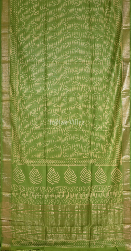 Green Block Printed Cotton Saree 