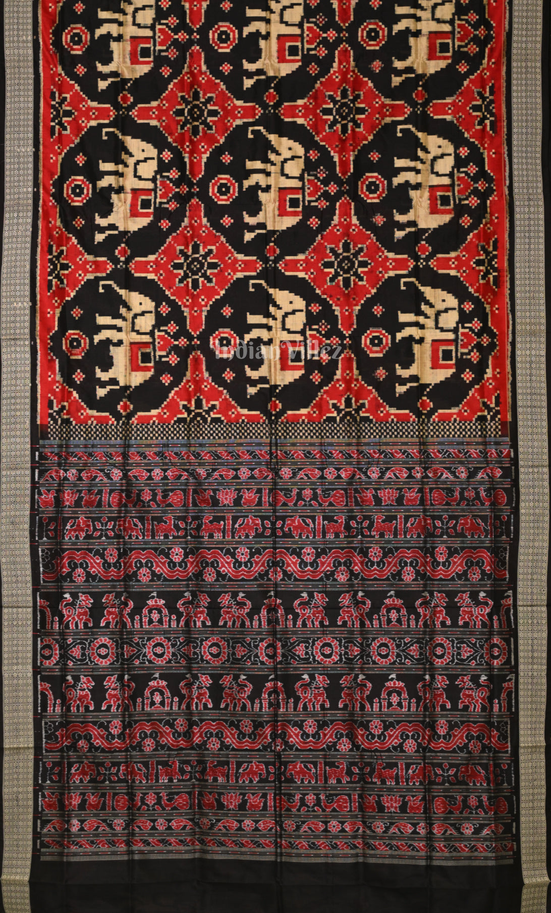 Black Red Elephant Motif Odisha Ikat Sambalpuri Silk Saree