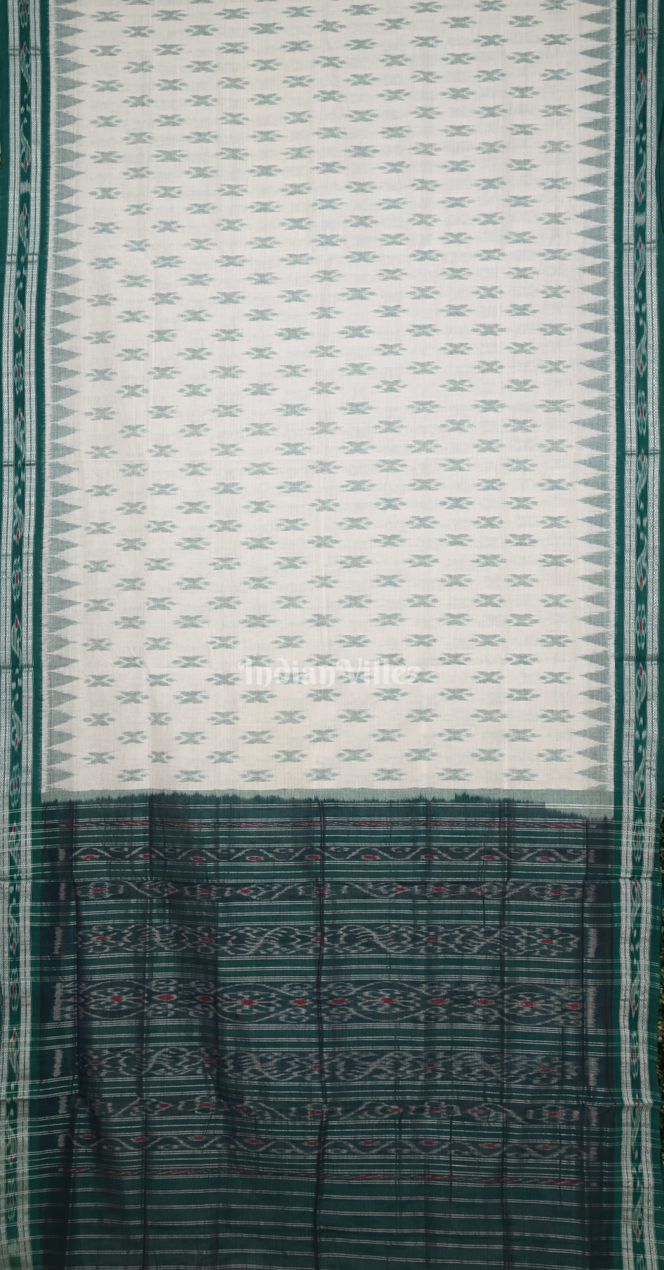 White Green Damru Odisha Ikat Maniabandha Cotton Saree