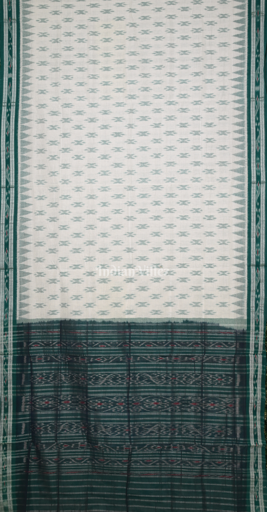 White Green Damru Odisha Ikat Maniabandha Cotton Saree