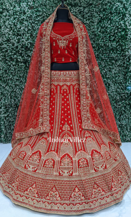 Crimson Red  Raw Silk Umbrella Style Bridal Lehenga Choli with Dupatta