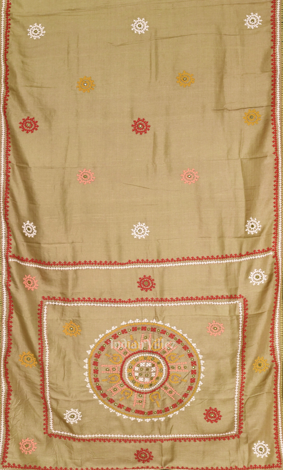  Beige Applique Work Hand Embroidered Saree