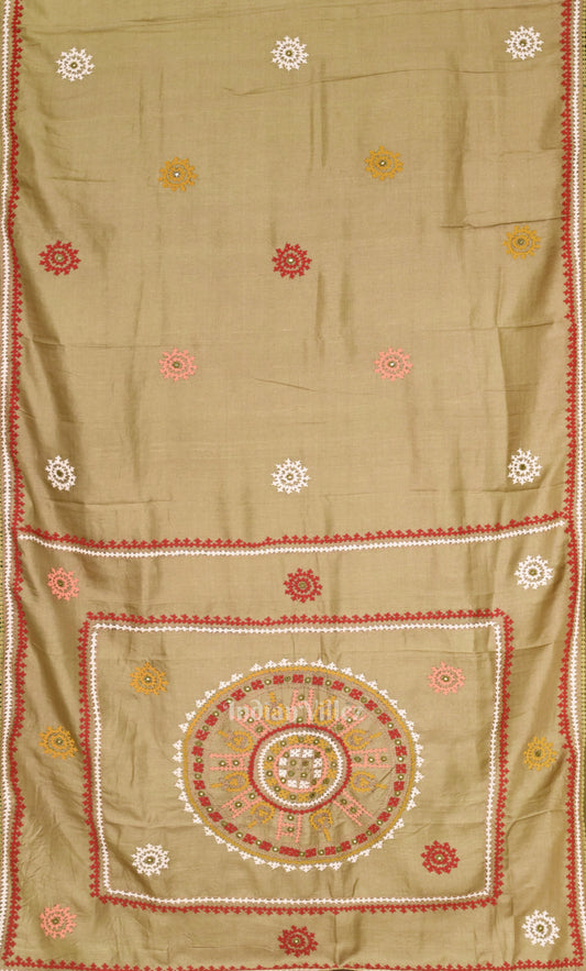  Beige Applique Work Hand Embroidered Saree