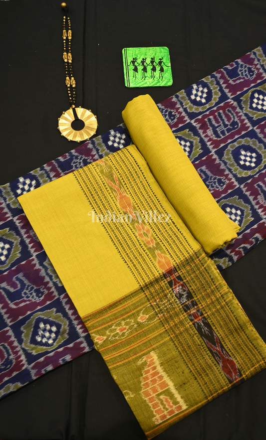 Navy Blue Yellow Nabakothi Odisha Ikat Sambalpuri Dress Set & Dupatta