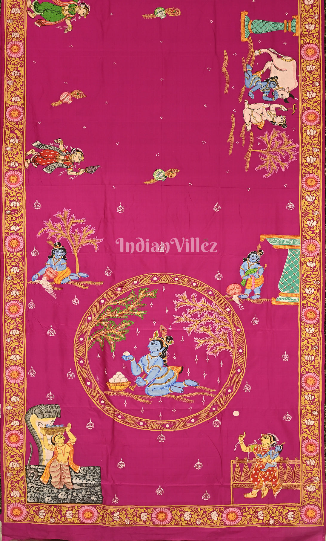 Rani Pink Krishna Janmashtami Theme Pattachitra Saree 