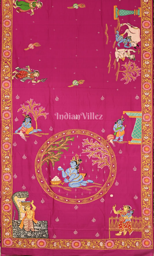 Rani Pink Krishna Janmashtami Theme Pattachitra Saree 