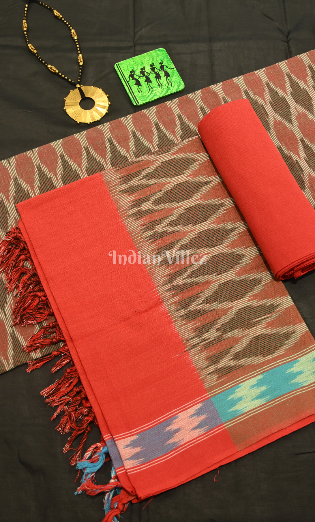 Grey Red Pochampally Ikat Cotton Unstitched Suit Sets 