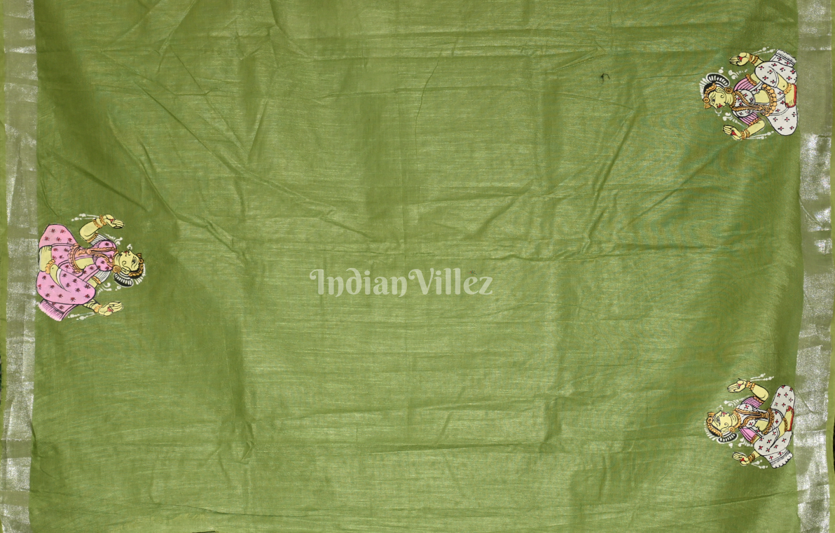 Mehendi Green Mudra Theme Hand-Painted Pattachitra Saree