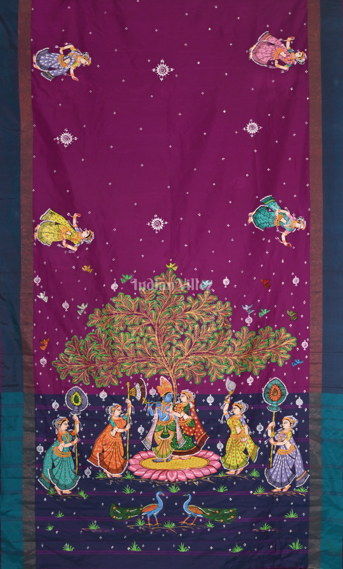 Purple Blue Raasleela Hand-Painted Pattachitra Saree