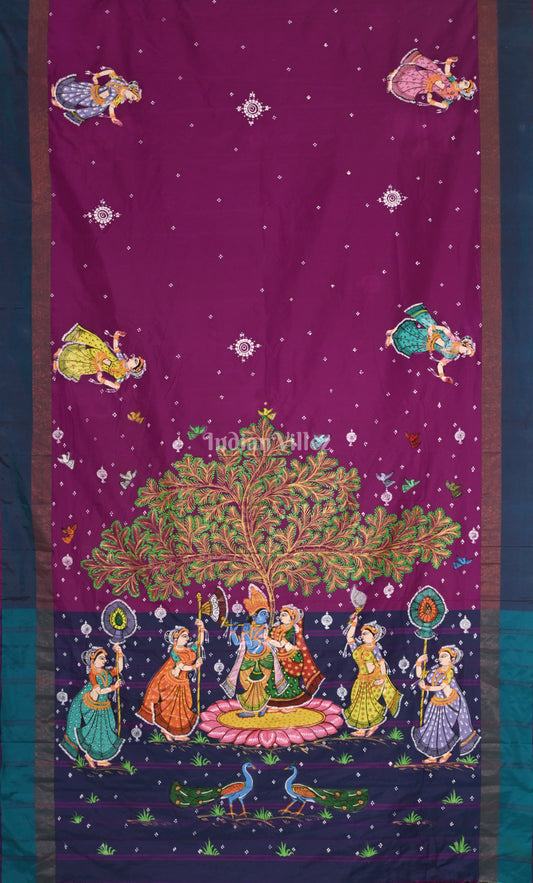 Purple Blue Raasleela Hand-Painted Pattachitra Saree