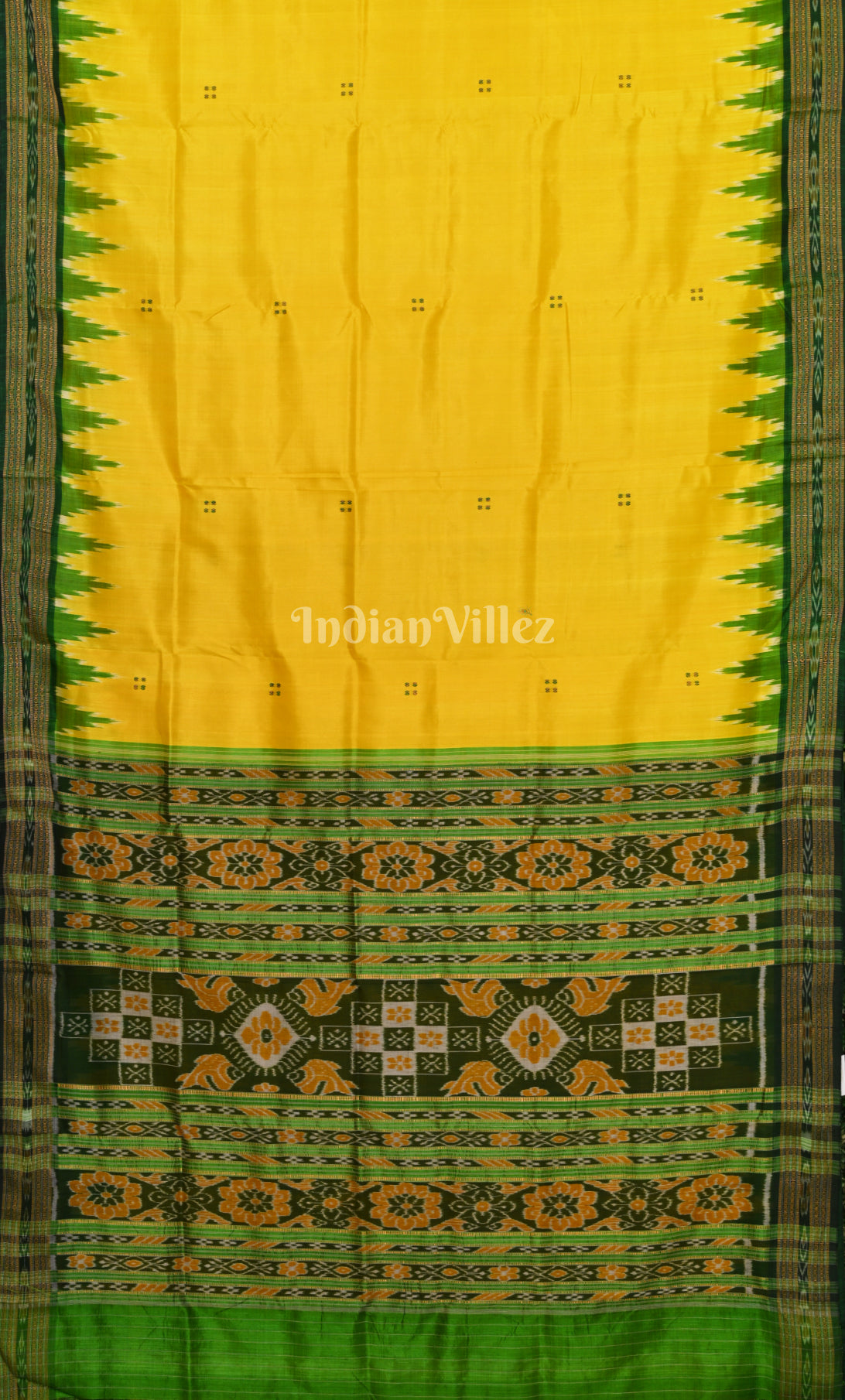 Yellow Green Buti Design Odisha Ikat Khandua Silk Saree 