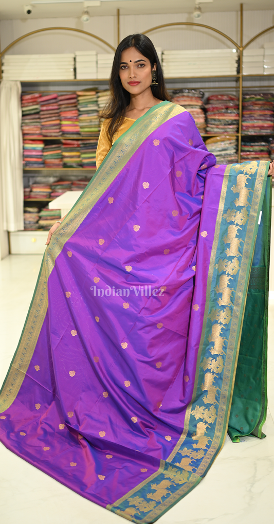 Purple Blue Pichwai Satin Silk Banarasi Saree