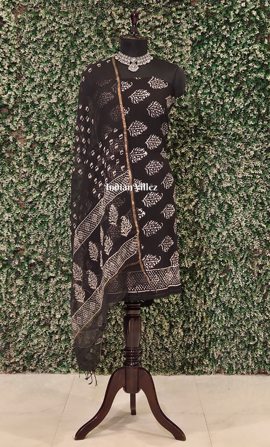 Black Golden Strips Block Printed Cotton Suit Sets