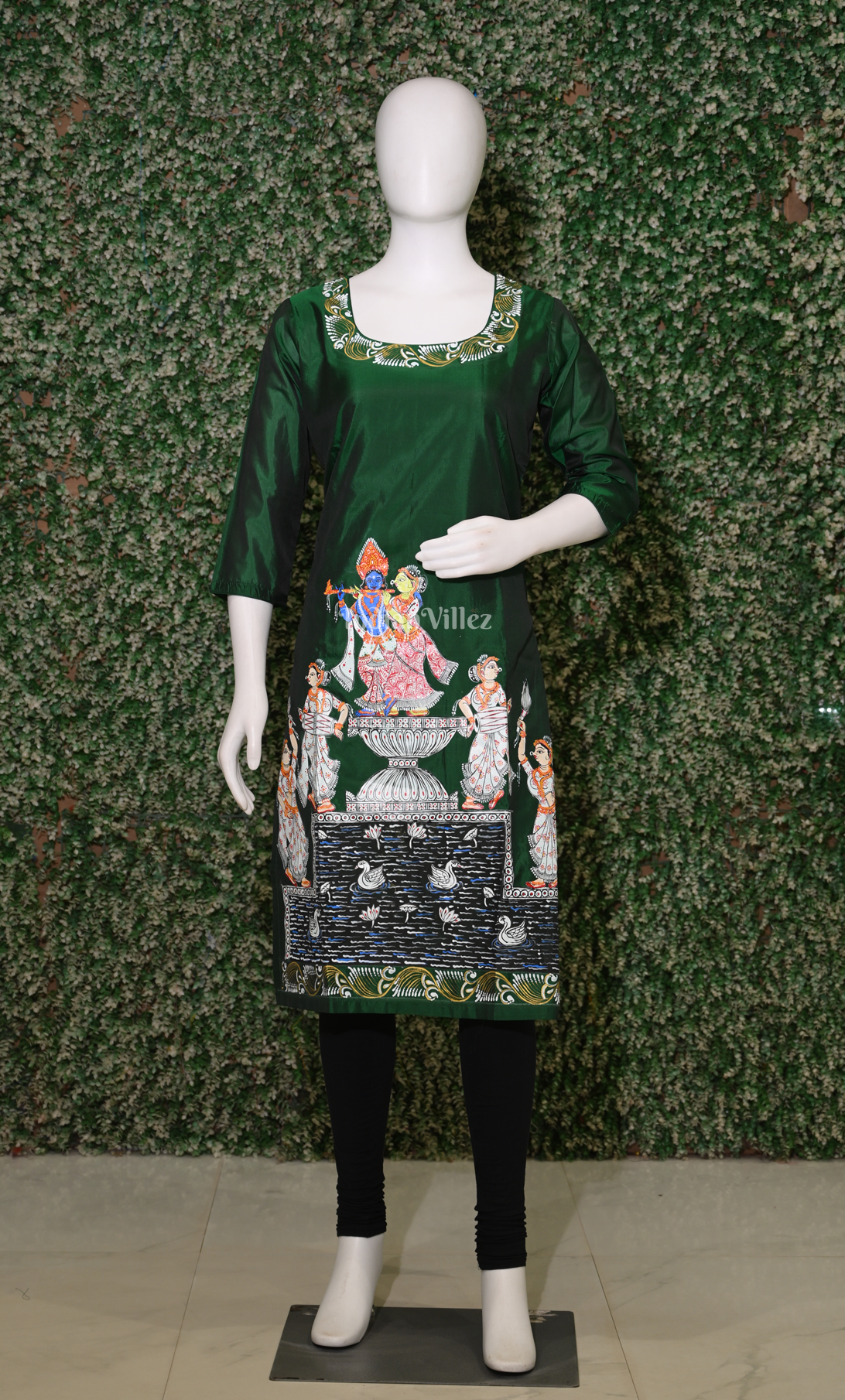 Green Radha Krishna Raas Leela Hand-Painted Pattachitra Kurti