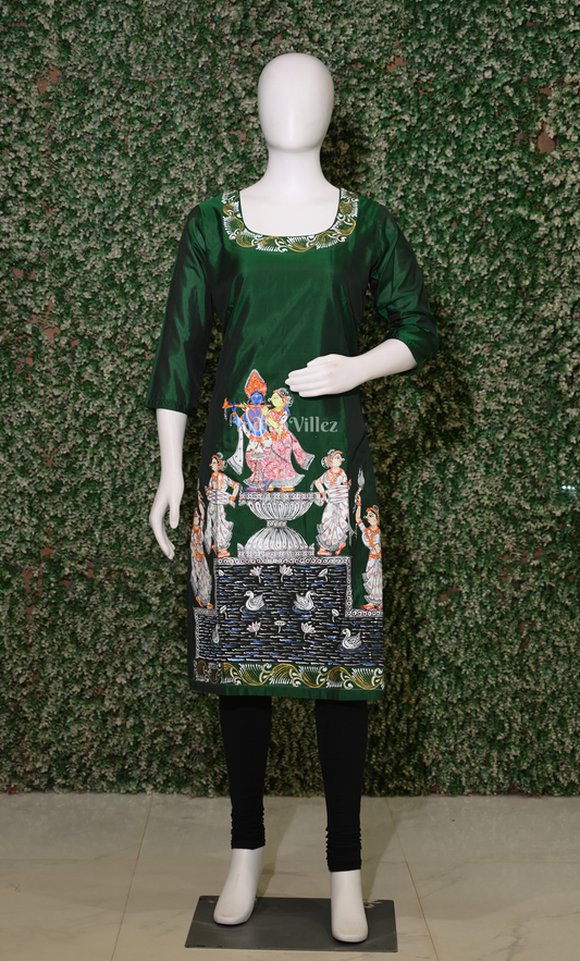 Green Radha Krishna Raas Leela Hand-Painted Pattachitra Kurti