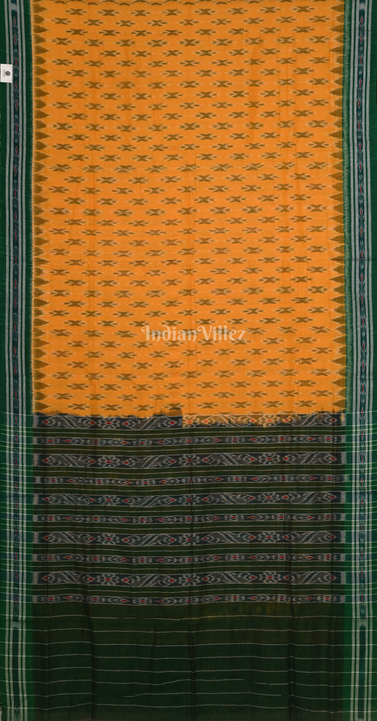 Yellow Green Damru Theme Odisha Ikat Maniabandha Cotton Saree 