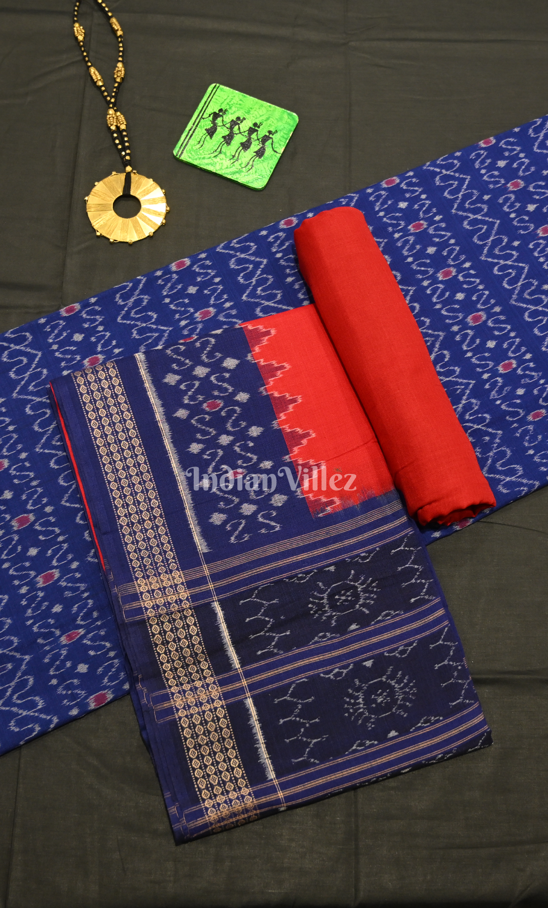Blue Red Odisha Ikat Sambalpuri Dress Set & Dupatta 