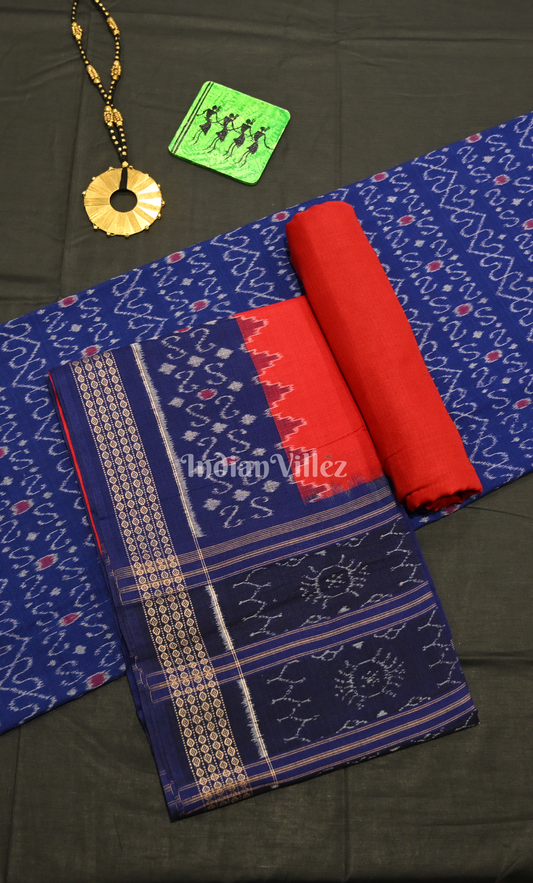 Blue Red Odisha Ikat Sambalpuri Dress Set & Dupatta 