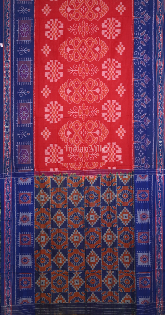 Red Blue Flower Scot Odisha Ikat Sambalpuri Cotton Saree 