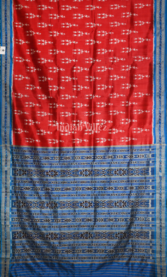 Red Blue Tribal Theme Odisha Ikat Khandua Silk Saree