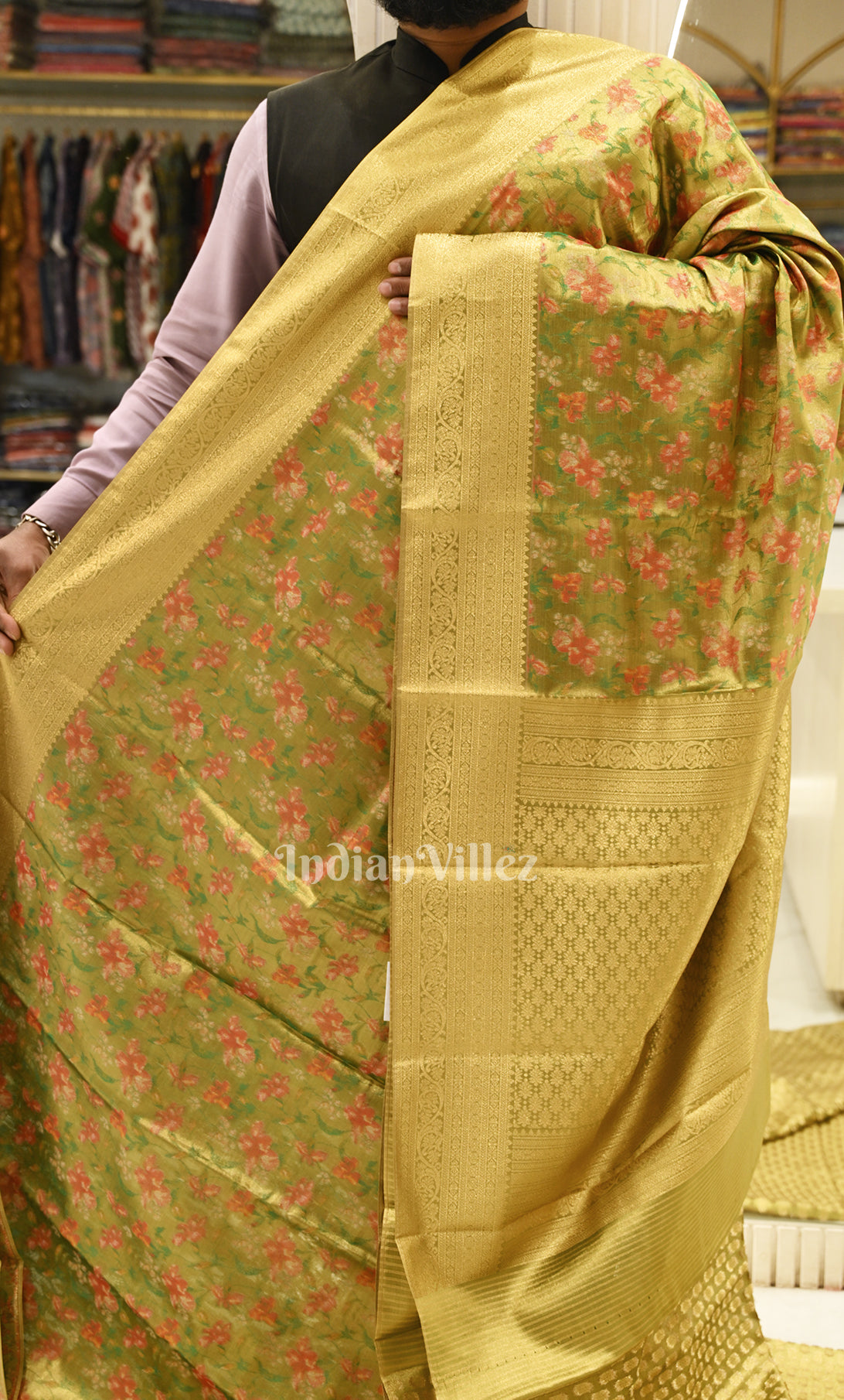 Mehendi Green Digital Print Kanjivaram Silk Saree 