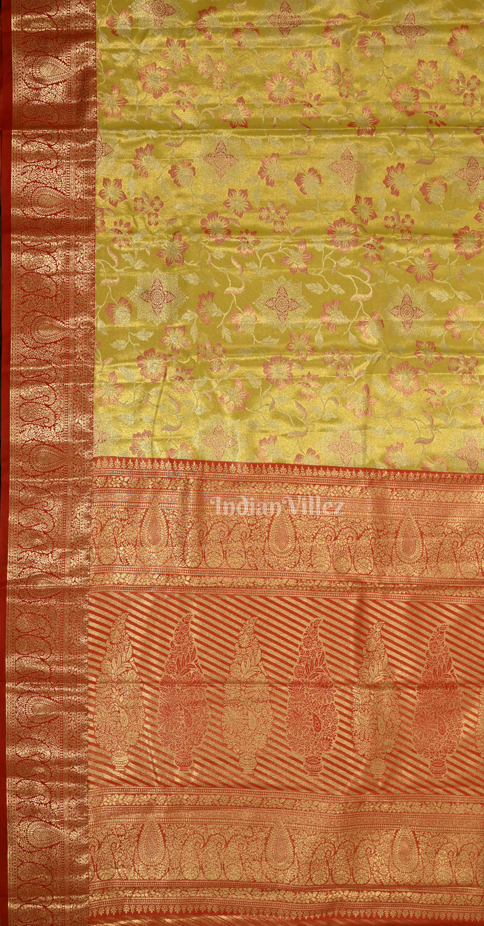 Mustard Yellow Red Floral Pure Kanjivaram Tissue Silk Saree 