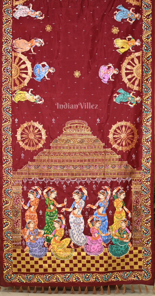 Maroon Beige Nartaki Konark Temple Hand-Painted Pattachitra Saree 