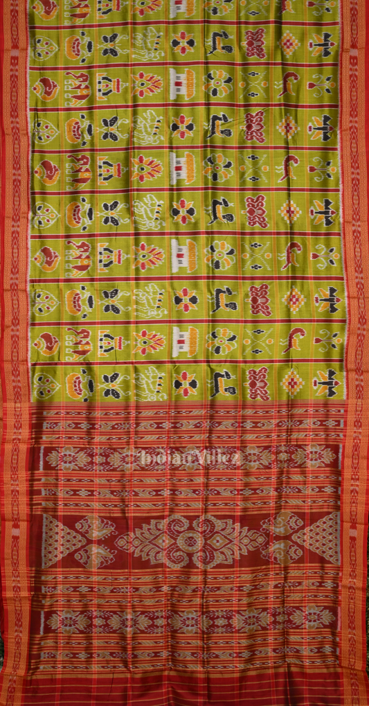 Olive Green Maroon Nabakothi Odisha Ikat Khandua Silk Saree 
