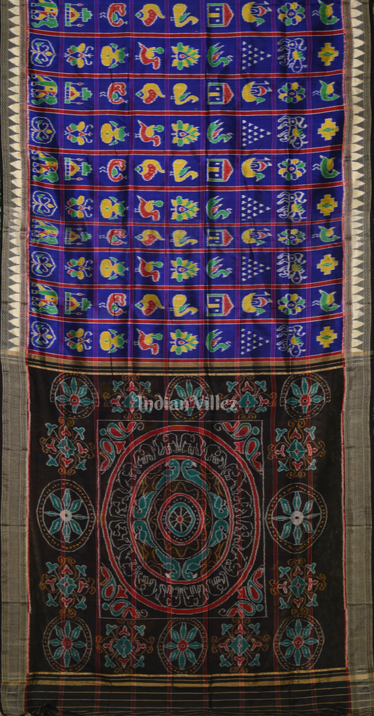 Blue Black Nabakothi Odisha Ikat Khandua Silk Saree with  Pecock Elephant Chandua Anchal