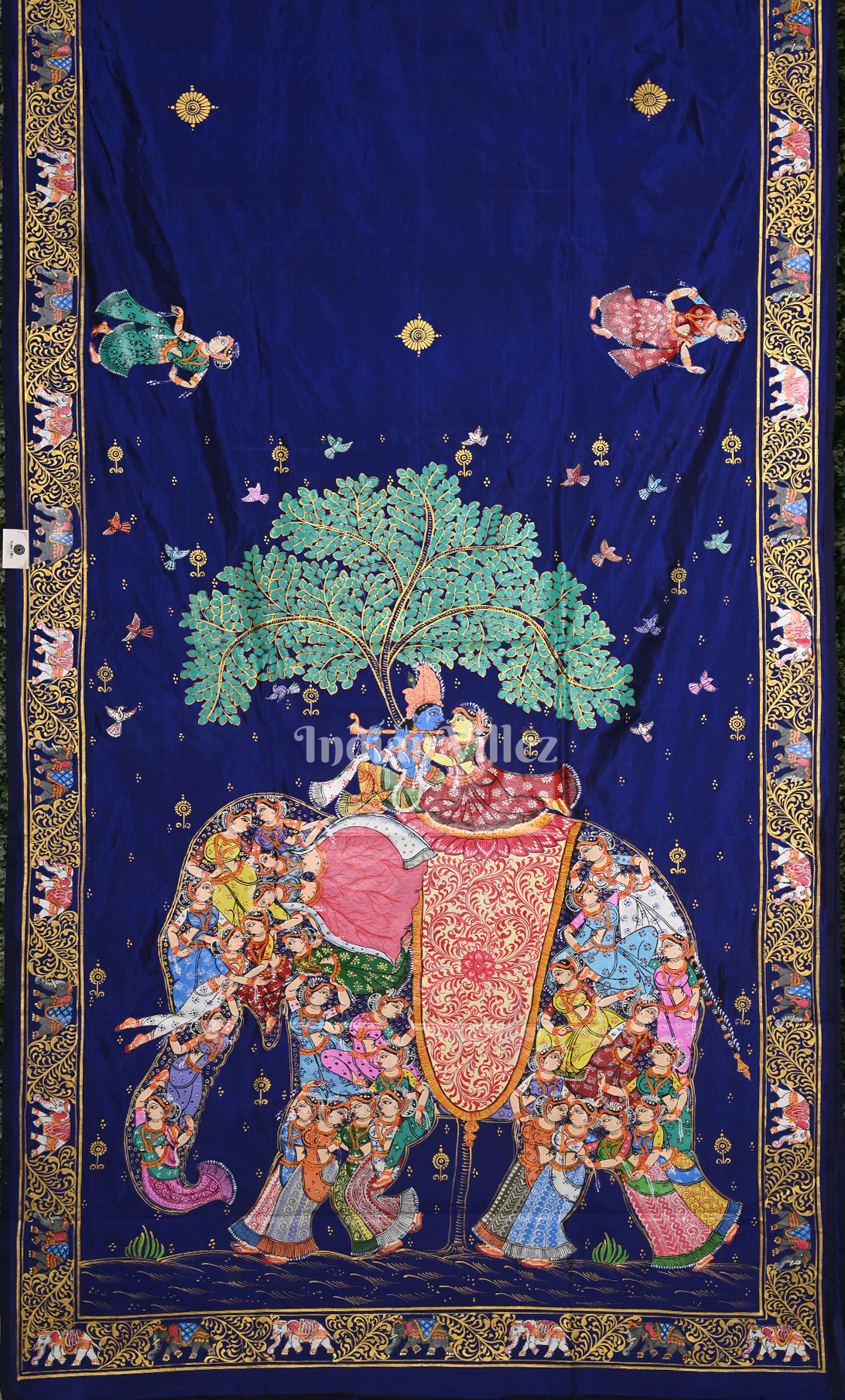 Royal Blue Kandarpa Hati (Elephant) Hand-Painted Pattachitra Saree 